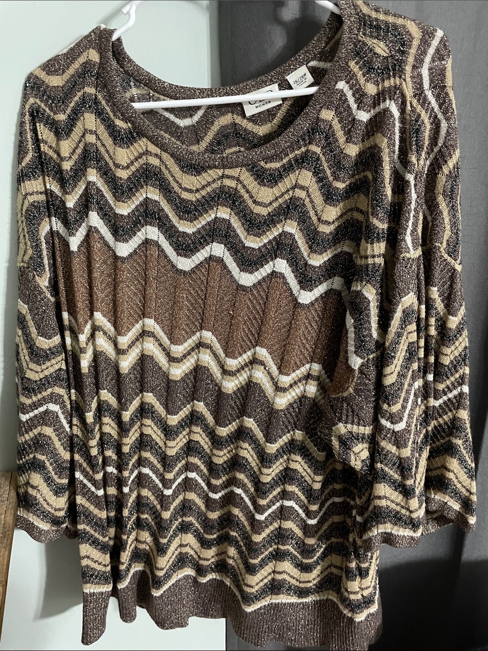 Cato Zigzag Knit Top in Brown, Cream, and Black